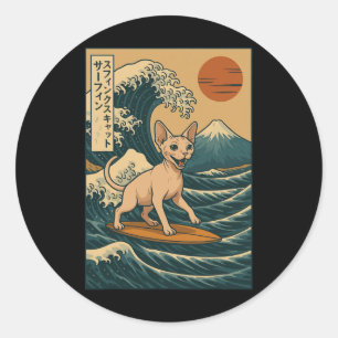 Sphynx Kat Surft op Japanse Golf Kawaii Grote Golf Ronde Sticker