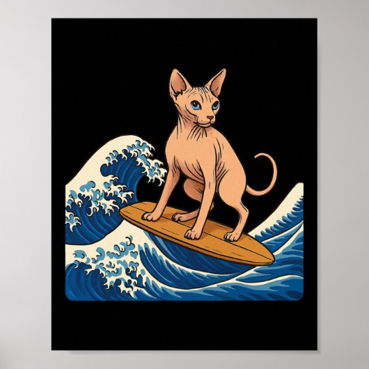 Sphynx kat surft op Japanse golf Poster (Voorkant)