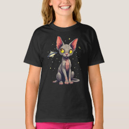 Sphynx-kat UFO-ruimte-cartoonkunst beoordelen T-shirt