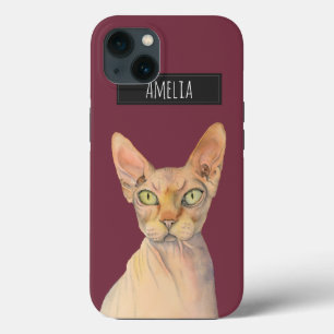 Sphynx Kat Watercolor Portret met Naam iPhone 13 Hoesje