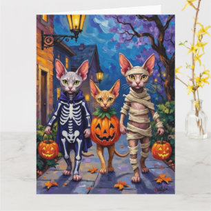 Sphynx katten gaan langs de deuren in Halloween-ko Kaart