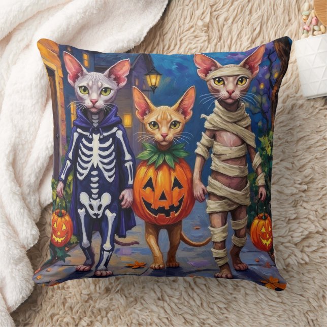 Sphynx katten gaan langs de deuren in Halloween-ko Kussen (Deken)