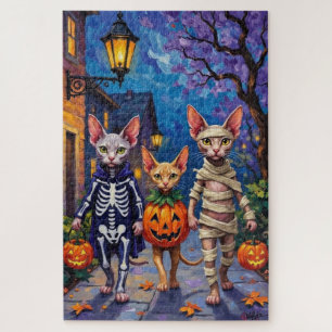 Sphynx katten gaan langs de deuren in Halloween-ko Legpuzzel