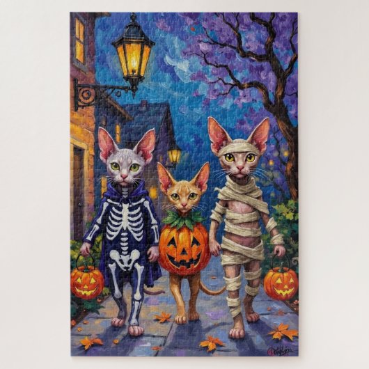 Sphynx katten gaan langs de deuren in Halloween-ko Legpuzzel (Verticaal)