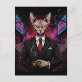 Sphynx Maffia Kat in Neon Noir Stijl Briefkaart