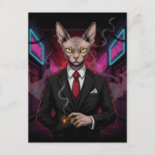 Sphynx Maffia Kat in Neon Noir Stijl Briefkaart