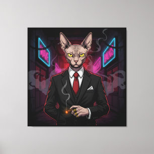 Sphynx Maffia Kat in Neon Noir Stijl Canvas Afdruk