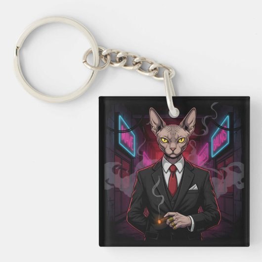 Sphynx Maffia Kat in Neon Noir Stijl Sleutelhanger (voorkant)