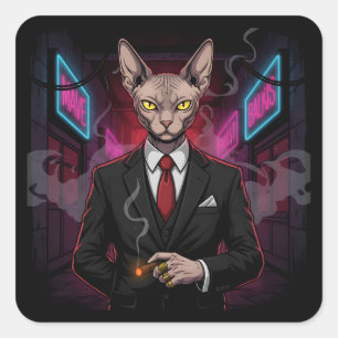 Sphynx Maffia Kat in Neon Noir Stijl Vierkante Sticker
