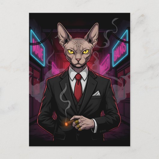 Sphynx Mafia Cat in Neon Noir Style Briefkaart (Voorkant)