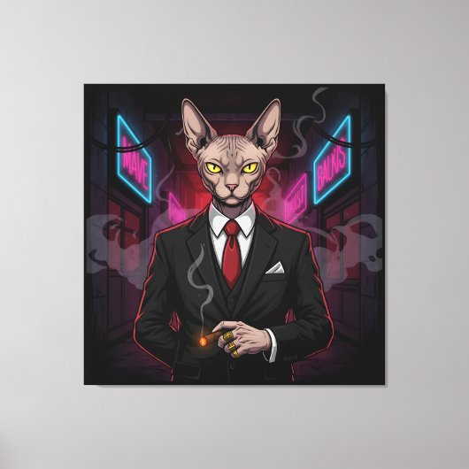 Sphynx Mafia Cat in Neon Noir Style Canvas Afdruk (Voorkant)