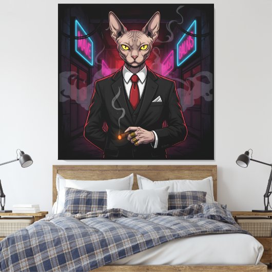 Sphynx Mafia Cat in Neon Noir Style Canvas Afdruk (Insitu (Slaapkamer))