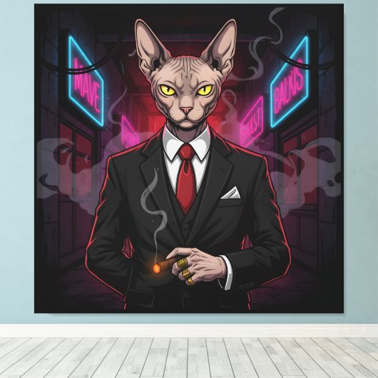 Sphynx Mafia Cat in Neon Noir Style Canvas Afdruk (Insitu (Houten vloer))
