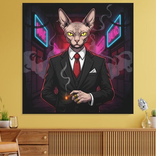 Sphynx Mafia Cat in Neon Noir Style Canvas Afdruk (Insitu (Woonkamer))