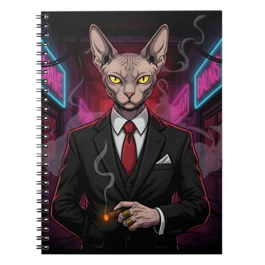 Sphynx Mafia Cat in Neon Noir Style Notitieboek (Voorkant)