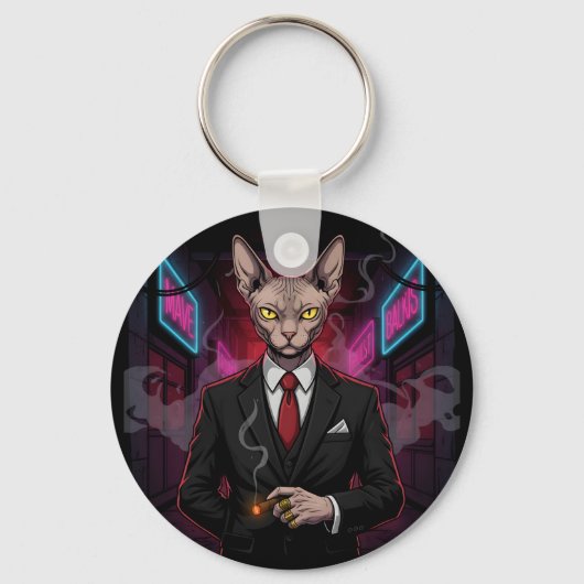 Sphynx Mafia Cat in Neon Noir Style Sleutelhanger (Achterkant)
