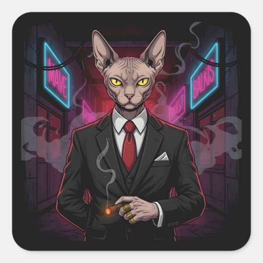 Sphynx Mafia Cat in Neon Noir Style Vierkante Sticker (Voorkant)
