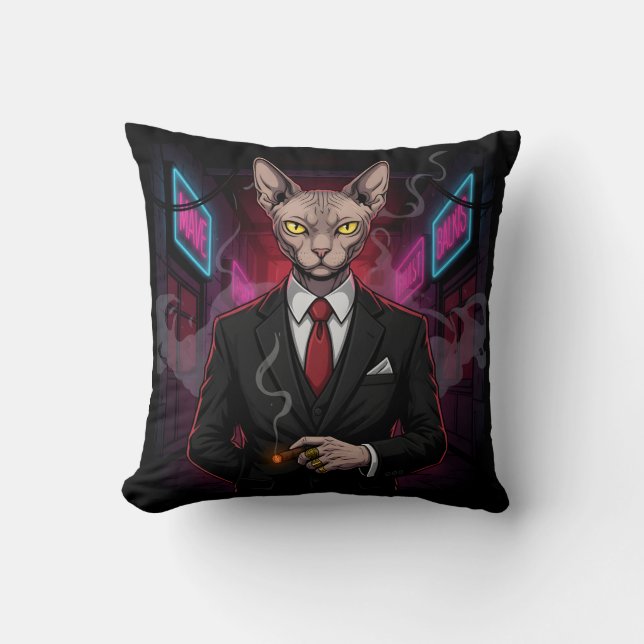 Sphynx Mafia Kat in Neon Noir Stijl Kussen (Voorkant)