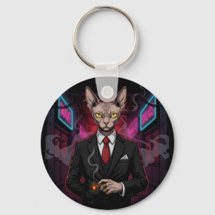 Sphynx Mafia Kat in Neon Noir Stijl Sleutelhanger