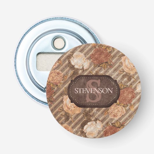 Spice Copper Roos | Rustiek bloemenmonogram Button Flesopener (Voorkant)