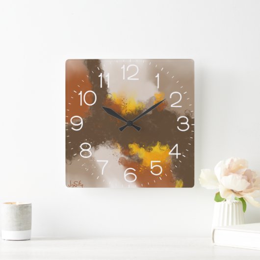 Spice of Life - Bruin Geel Sinaasappel Abstracte k Vierkante Klok (Huis)