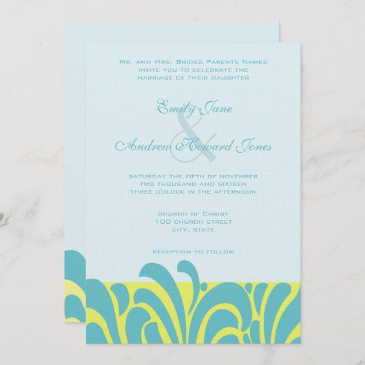 Spicy Aqua Limoen Swirl Patroon Bruiloft Uitnodigi Kaart (Voorkant / Achterkant)