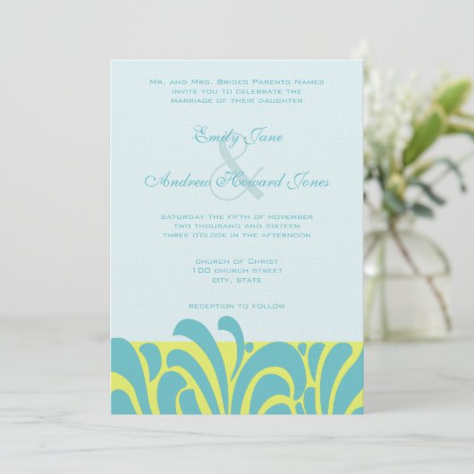 Spicy Aqua Limoen Swirl Patroon Bruiloft Uitnodigi Kaart (Staand voorkant)