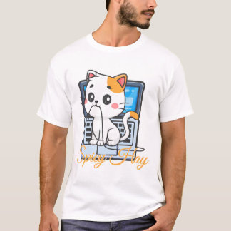 Spicy Hay Funny Cat Biting Cord Kawaii Art T-shirt