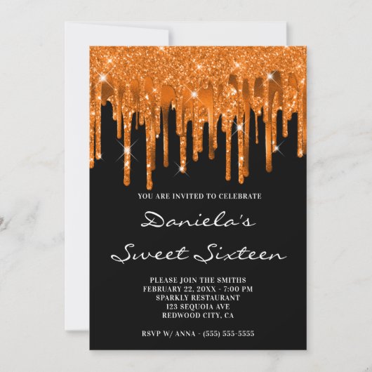 Spicy Oranje Glitter Folie Drips Black Sweet 16 Kaart (Voorkant)