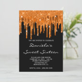 Spicy Oranje Glitter Folie Drips Black Sweet 16 Kaart (Staand voorkant)