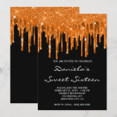 Spicy Oranje Glitter Folie Drips Black Sweet 16 Kaart (Voorkant / Achterkant)