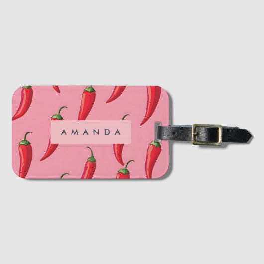 Spicy Red Chili Pepper Patroon op roze achtergrond Bagagelabel (Voorkant (horizontaal))