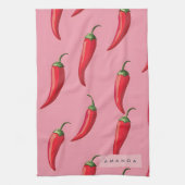 Spicy Red Chili Pepper Patroon op roze achtergrond Theedoek (Verticaal)