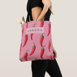 Spicy Red Chili Pepper Patroon op roze achtergrond Tote Bag