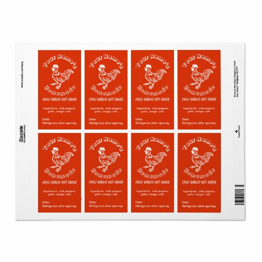 Spicy Rooster Custom Hot Sauce Labels Chili Knoflo (Full Sheet)