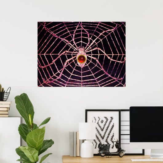 SPIDER AND WEB Red Ruby Gemstone Black Poster (Thuiskantoor)