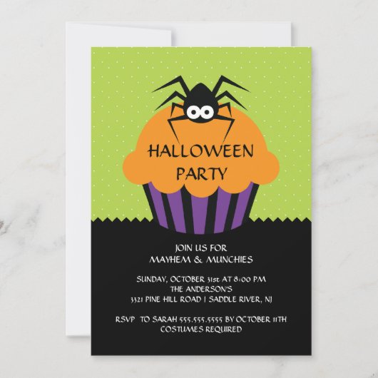 Spider Cupcake Halloween Party Invitation for Kids Kaart (Voorkant)