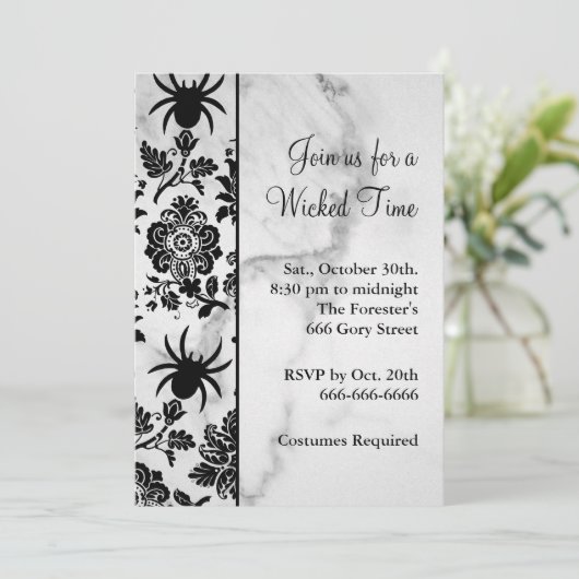 Spider Damask Halloween Invitation on Marble Kaart (Staand voorkant)
