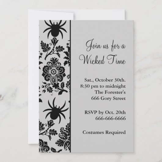 Spider Damask Hhalweeen Invitation (grijs) Kaart (Voorkant)