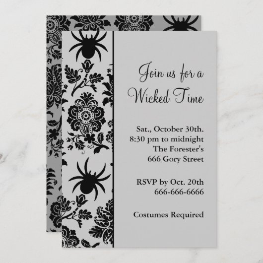 Spider Damask Hhalweeen Invitation (grijs) Kaart (Voorkant / Achterkant)