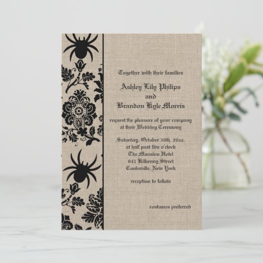Spider Damask on Burlap Wedding Invitation Kaart (Staand voorkant)