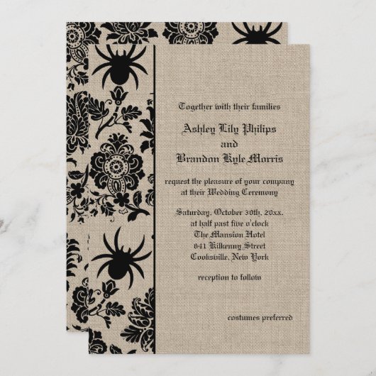 Spider Damask on Burlap Wedding Invitation Kaart (Voorkant / Achterkant)