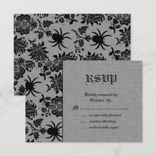 Spider Damask op Grey Linen RSVP Kaartje (Voorkant / Achterkant)