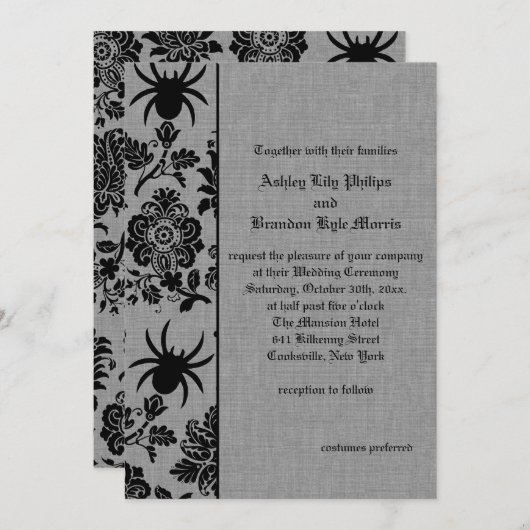 Spider Damask op Grijs Linnen bruiloft uitnodiging (Voorkant / Achterkant)
