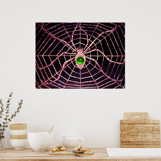 SPIDER EN WEB Green Emerald Gemstone Black Poster (Keuken)