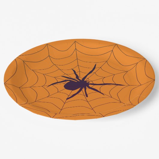 Spider en Web op Oranje Partij Papieren Bordje (Gekanteld)