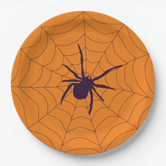 Spider en Web op Oranje Partij Papieren Bordje (Voorkant)