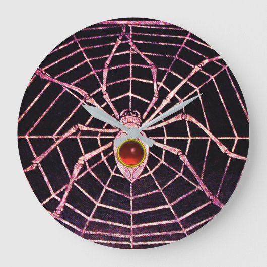 SPIDER en WEB Red Ruby Gemstenen Black Grote Klok (Voorkant)