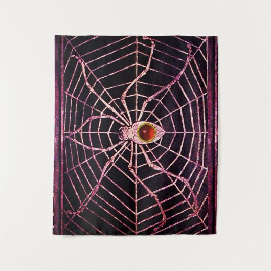 SPIDER en WEB Red Ruby Gemstone Black Wandkleed (Voorkant)