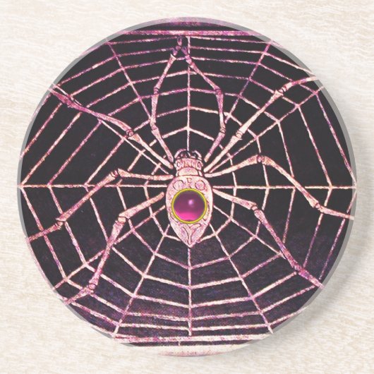 SPIDER EN WEB roze Fuchsia Amethyst Black Zandsteen Onderzetter (Voorkant)